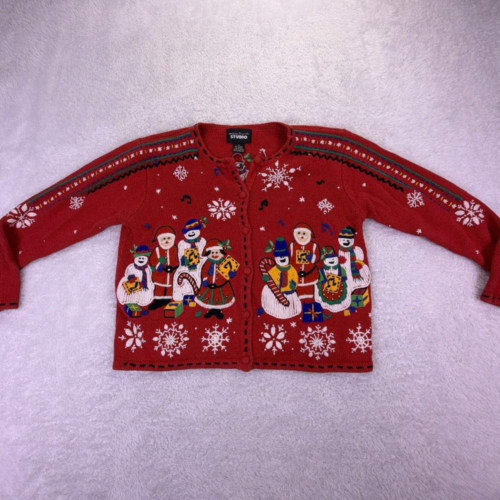 VTG Designers Originals Studio Carolers Christmas Cardigan Sweater Red Women Sm